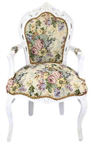Casa Padrino Barock Esszimmer Stuhl mit Armlehnen Blumenmuster/Antik Weiß