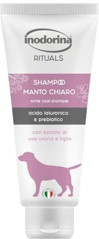 Inodorina Rituals Shampoo für Hunde mit weißem Fell (250 ml) – Parabenfrei, beruhigend, spendet Feuchtigkeit & schützt die Haut, mit Bärentraube, Linde & UV-Filter