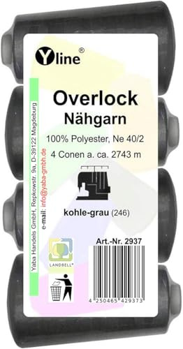 4 Stück Spulen Overlock - Nähgarn, kohle - grau, a. 2743 m, NE 40/2, 100% Polyester, Nähfaden, Nähmaschinen Garn, (0,01 € / 10 m), 2937