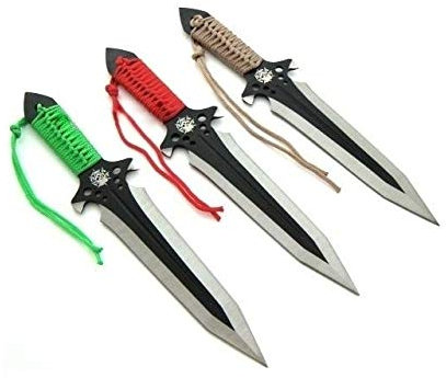 KOSxBO® Set 3er Coloured Darts Wurfmesser Skull Edition hochwertige Kunai Messer inkl Nylon Scheide und Gürtelclip