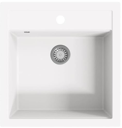 vidaXL Granite Kitchen Sink - White Overmount Single Basin with Basket Strainer, Heat/Scratch Resistant, 490x510x306mm