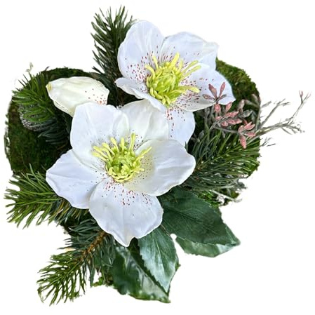 Radami Grabgesteck Grabschmuck Moosherz Grabherz Kreuz Trauerherz Grab Herz Gesteck Rosen (20cm- Eisblumen)