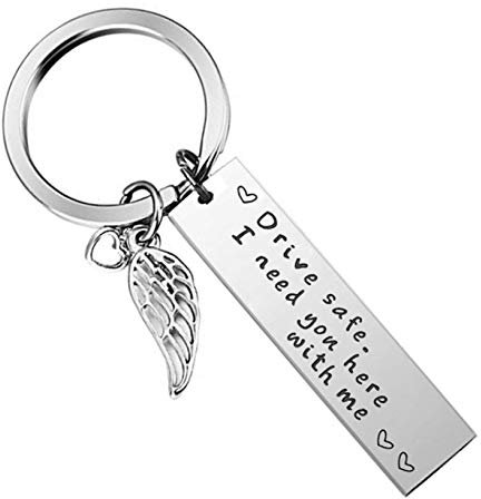 AMDXD Porte Clé Moto, Chaine Porte Clé Acier Inoxydable Rectangle avec Aile Gravure Drive Safe I Need You Here with me B, Argent, 4.5 X 1CM