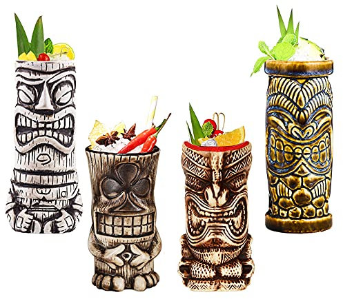 Tiki Mugs Cocktail, Tiki - Tasse en céramique hawaïenne, verres à cocktail exotiques Pour cocktail hawaïen Tiki Bar professionnel Hawaiian Party Barware,Q5