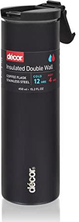Décor Insulated Stainless Steel Coffee Cup | Travel for Hot & Cold Drinks | 450ml, 16oz - Black