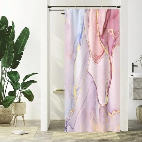 Duschvorhang Rosa Gold, Uiiooazy Duschvorhang Schmal Marmor Optik Blau Violet Abstrakt Duschvorhäng Anti Schimmel Wasserdicht Polyester Stoff Waschbar Bad Vorhang mit 6 Haken für Badezimmer 90Bx180Hcm