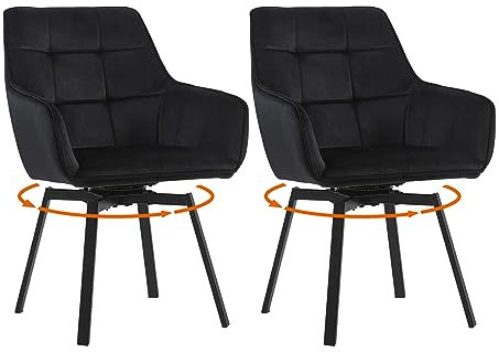 LEMROE Esszimmerstühle, 360° drehbar, 2er-Set, schwarzer Samt, gepolsterter Schreibtischstuhl ohne Rollen, ergonomischer Bürostuhl mit Armlehnen und Metallbeinen, für das Arbeitszimmer zu Hause