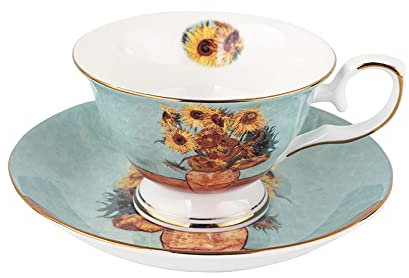 DECRZPB Handmade Ceramic Coffee Mug Cup and Saucer Set Van Gogh Sunflowers Pottery Coffee Tea Cup and Saucer Set Plate Oat Milk Mug Wedding Gift