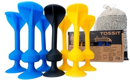 TOSSIT Juego Dardos de Silicona Ventosa - Juega con Familia y Amigos, Modos Petanca o Bocha y más! Ideal Interior Exterior, Diversión Portatil Todas Las Edades! Starter Pack: 2 Colores + 1 Negro