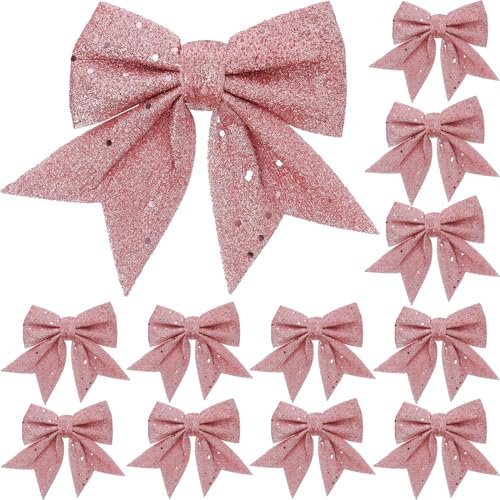YUNLI 12 Stück Weihnachtsschleifen, Schleifen Weihnachtsbaum Rosa, Glitzer Schleifen Weihnachtsbaumschmuck, Weihnachtsbaum Bogen Schleife, Weihnachten Schleifen für Weihnachtskranz Geschenke Deko