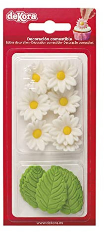 Dekora - Boîte de 7 Marguerites Blanches et 5 Feuilles Vertes en Sucre - Figurines Comestibles pour Gâteaux - Décoration en Sucre pour Gâteaux d'Anniversaire