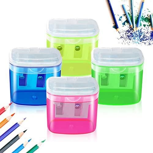 Fozuanei 4 Pcs Colorful Dual Holes Pencil Sharpeners, Portable Durable Manual Pencil Sharpeners with Cover, Blue, Green, Pink