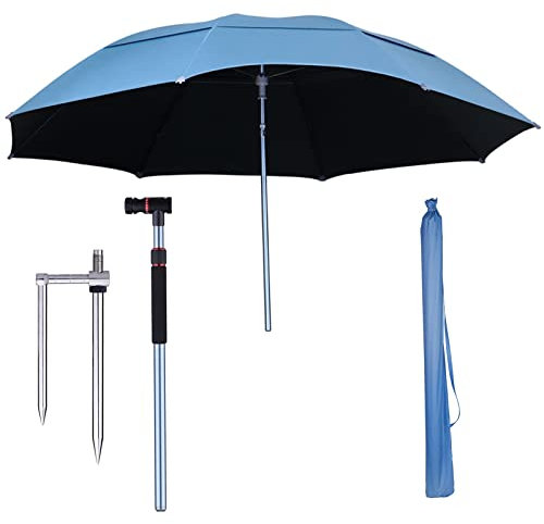 BTZHY Sonnenschirm,7,8-Fuß-Strandschirm, Regenschirm zum Angeln, Neigungsmechanismus, höhenverstellbare Aluminiumstange, blaues Sonnenschutztuch, Erdungsstecker aus Edelstahl, tragbar