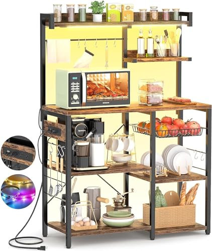 Aheaplus Bäckerregal mit Steckdose und LED-Lichterketten, Mikrowellenständer, Küchenregal mit Drahtkorb, Kaffeebar, Station, Inseltisch mit 10 Haken für Gewürze, Töpfe, rustikales Braun