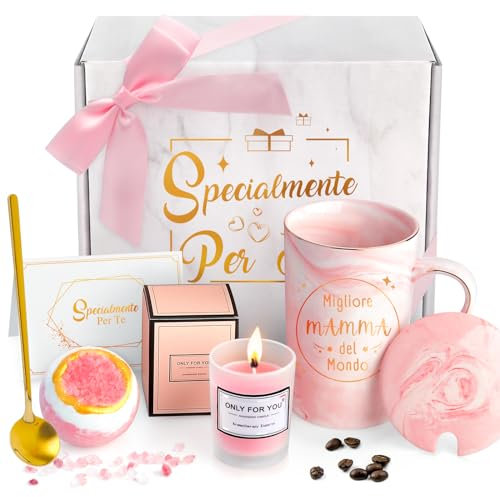 YiksunMY Regalo Mamma, Regalo Compleanno Mamma, San Valentino, Natale, Confezione con Biglietto d'Auguri, Bagnoschiuma, Candela, Idea Tazza in Ceramica 340 ml