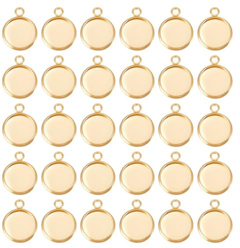 Beebeecraft 1 Box 40 Stück Flacher Runder Anhänger Aus 24 Karat Vergoldetem Messing 12 mm Leere Lünette Tablett Charms Cabochon Fassungen Mit Schlaufe Für Die Schmuckherstellung