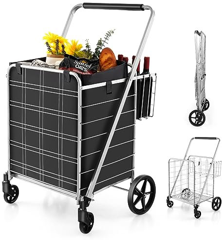 COSTWAY Einkaufstrolley Klappbar, Einkaufswagen auf Rollen mit Abnehmbarer Oxford-Tasche & 2 Körben, Handwagen 150kg belastbar, Rollwagen Allzweckwagen für Wäsche Einkaufen Gepäck (Silber)