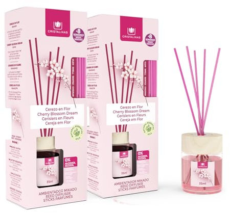 CRISTALINAS | Pack 2 Ambientador Mikado | 100% Puro | Larga Duración 8 Semanas | 2x35ml | 0% Alcohol (Cerezo, 2x35ml)