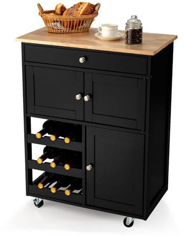 GIANTEX Desserte Cuisine, Desserte à roulettes Cuisine, Meuble Cuisine Rangement avec Plan de Travail, Grand Tiroir, 2 Armoires, Porte-Bouteilles, Ilot Central Cuisine, 67 x 37 x 86 CM (Noir)