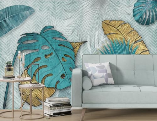 Panorama-Tapete tropische Pflanzen 3D Seide, personalisierte Panorama-Tapete, Blattgold – große Wandposter für Wohnzimmer, Erwachsene, Kinderzimmer, Studium, Dekoration