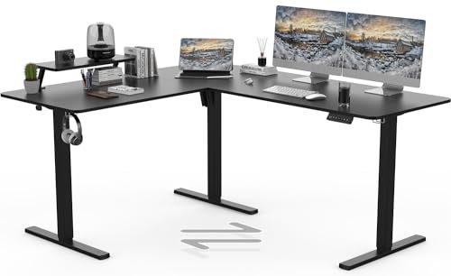 TRIUMPHKEY Scrivania Regolabile in Altezza 160 x 140 cm,Scrivania Gaming di Forma L,Intercambiabile Scrivania Angolare Grande,Porta USB,Funzione di Memoria,Scrivania in Piedi(Nero