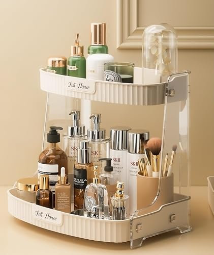 VNIMTI Kosmetik Makeup Organizer,Beauty Hautpflegemittel Aufbewahrung, Skincare Aufsteller Parfümständer Halter,für Badezimmer Schlafzimmer Countertop Kommode Schminktisch(2 Ebenenr - Beige)