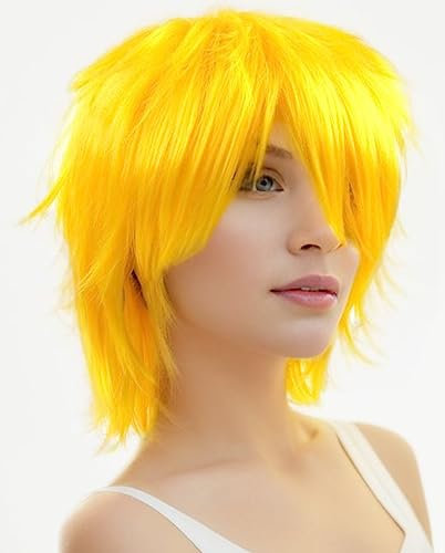 Luxiremi Cosplay Anime Perücke Kurzhaar Hell Gelb für Herren Damen Halloween Kostüm und Karneval Perücken