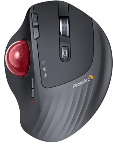 ProtoArc EM01 NL Trackball Maus Kabellos, 2.4G USB & 2*Bluetooth, Daumensteuerung, Verstellbarer Winkel,5 DPI Einstellbar,Wiederaufladbare Maus für PC/Mac/iPad/Windows - Rot Ball