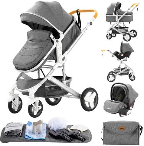 GLOKID Poussette 3 en 1，Poussette Canne，Trio，Avec Siège Accessoires，Adaptateurs Universels，Landau Bébé jusqu'à 25 kg，4 roues avec amortisseurs，Nacelle，Grandes Roues，pliage d'un clic (530 Gris)