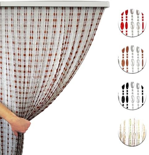 Tenda Antimosche a Perline Bicolore con Fili Alternati, Moschiera a Pannello Ombreggiante Divisoria per Porta Finestra Ingresso Balcone Giardino con Kit Ganci - Trasp/Marrone, 100x220