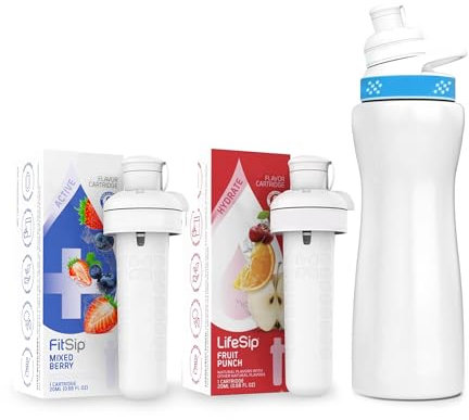 Generic 22 oz Water Bottle Stainless Steel Starter Kit with Blue Lid and 2 Flavor Cartridges Fruit Punch & Mixed Berry