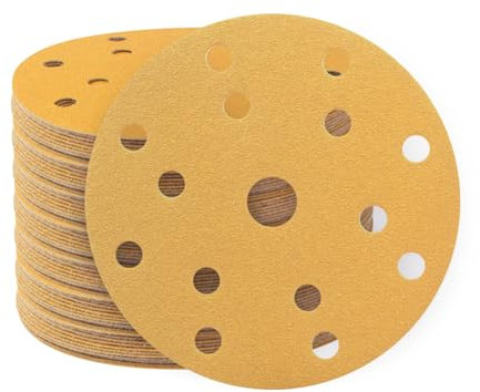 FASTPLUS 150mm Sanding Discs, 6 Inch 15 Hole Ceramic Alumina 120 Grit Gold Sandpaper, 50PCS for Random Orbital, Disc or Belt Sander