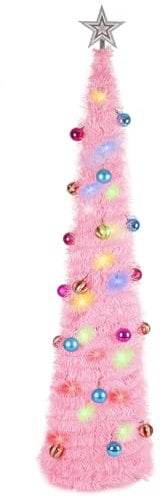 JUNIOO 1.5M/5FT Collapsible Artificial Christmas Tree, Pop-up Christmas Tree with 30pcs Balls and Silver Tree Top Star for Family Gathering Xmas Tree Indoor and Outdoor Christmas Decoration(Pink)
