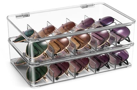 Sorbus Sunglasses Organizer - Plastic Stackable Eyeglass Case Storage Organizer for Multiple Glasses - Reading Glasses, Sunglass Holder with Hinged Lid for Eyewear Display Includes 5 Sections (2 Pack)