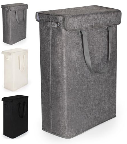 Rieeyrslza Schmaler Wäschesammler mit Deckel 46L Wäschesammler mit Langem Griff Faltbarer Dünner Wäschekorb Schmutziger Kleiderkorb Aufbewahrungskorb für Wäscherei, Abnehmbarer Deckel (Grau)