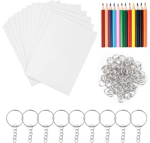 232-teiliges Schrumpf-Kunststoffblatt-Set, 20 Stück schrumpfendes Kunstpapier, kreative Schrumpffolie, schrumpfbare Handarbeitsbogen mit 100 Schlüsselanhängern, 100 offenen Ringen, 12 Buntstiften,