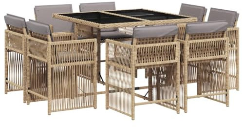 vidaXL Garten Essgruppe 9-TLG., Gartenmöbel Set Tisch mit 8 Stühle, Gartengarnitur mit Kissen, Sitzgruppe Essgarnitur Terrasse, Beigemischung Poly Rattan