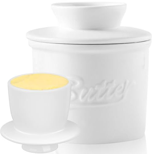 Lighterday Butter Dish with Lid,French Butter Dish Butter Dish with Lid Ceramic,Butter Crock for Spreadable Butter(White, 10cm)
