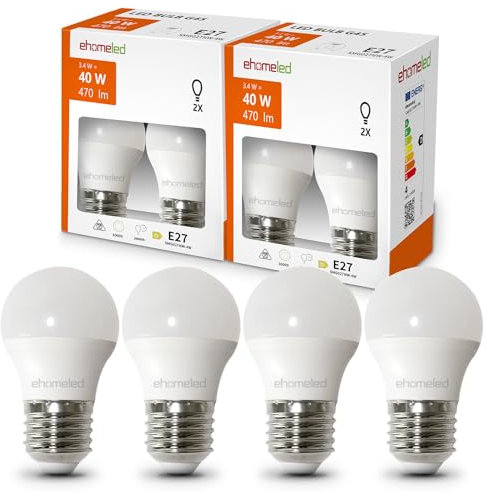 ehomeled E27 LED Mini Kugel Glühbirne Warmweiß (3000K), 470 Lumen 3,4W (=40W), Energiesparende LED-Lampe, Perfekt für Kronleuchter, Nachttischlampen & Schreibtischlampen, 4er-Pack