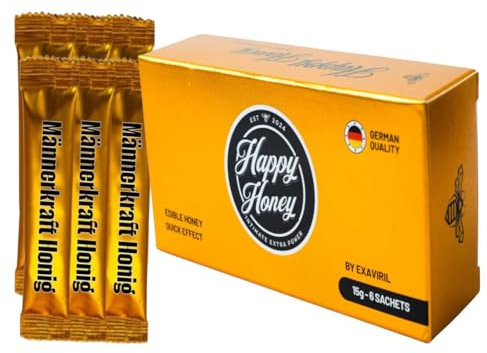 Happy Honey |Premium Kräuterhonig mit 100% reinem Ginśeńg für aktive Männer | Hohe Dosierung – Sofortige Energie – Hohe Leistung für die intimen und glücklichen Momente des Mannes – 6 Beutel (je 15Gm)