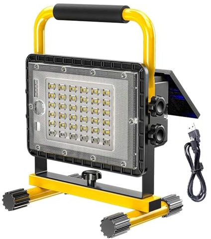 LBMED Projecteur Chantier Construction 200W,projecteurs Travail Portables Rechargeables avec Panneau Solaire,Angle Et Mode D'éclairage Réglables,luminosité 10 000lm,Avertissement Rouge Et Bleu