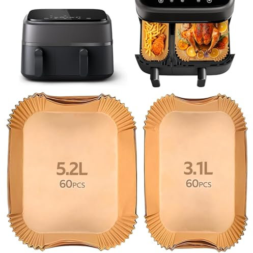 120PCS Papier Cuisson Air Fryer pour Moulinex EZ901820/Philips Airfryer Dual Basket 3000/5000,Food-Grade BPA Gratuit,Jetable Antiadhésive Sans Huile Papier Sulfurisé Air Fryer pour 3.1L-5.2L Friteuse