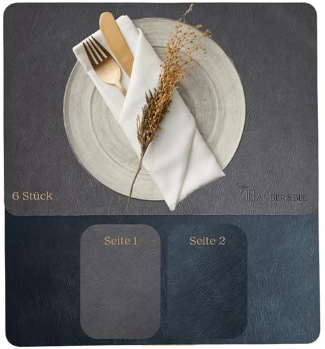 Amber&Bee Tischsets – 6er Set robuster Platzdeckchen in Lederoptik (44,5x30 cm) – Abwischbar, rutschfest & stilvoll – Edle & Pflegeleichte Esszimmer Tischmatten - Tischunterlage Set