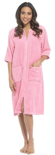 GM Apparel Women’s Zip Up Bathrobe Dressing Gown - 100% Cotton Ladies Terry Towelling Bath Robes - Highly Absorbent Towel Robes (16-18, Pink)