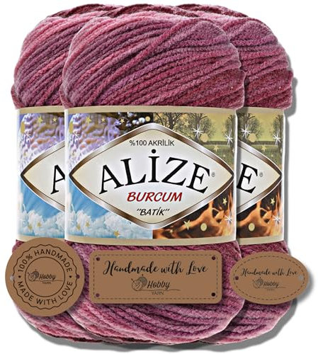 Hobby YARN 3x Etikettenlabel mit Alize Burcum Batik Wolle Premium 3x100g als Set, Yarn, Garn, Strickgarn, Farbverlauf, Babywolle zum Häkeln, Stricken, Kleidung, Schals (1895)