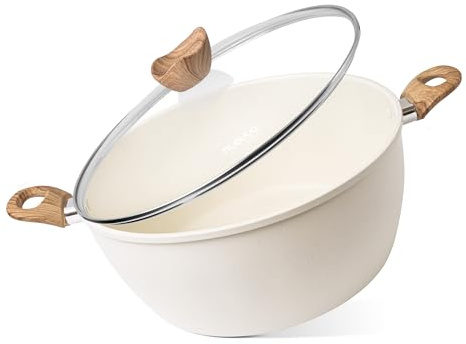 Non Stick Cooking Pots with Glass Lid – Induction Hob Stock Pot – Kitchen Deep Casserole Cookware – 32cm, Cream – by Nuovva