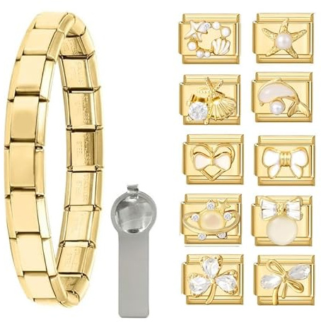 Dihope Italian Charm Bracelet Gold DIY Abnehmbar Module Set Edelstahl 9mm | Italian Style Charms für Damen Mädchen, Italienisches Modular Armband mit Öffnungs-Tool, Geschenk für Geburtstag Jahrestag
