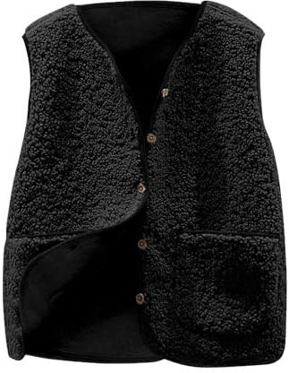 Teddy Fleece Weste Damen Ärmellose Fleeceweste Damen Einfarbig V-Ausschnitt Knöpfen Teddy Jacke Herbst Winter Warm Ärmellos Plüschweste Kurz Fell Weste Leicht Casual Damenweste Übergangsjacke