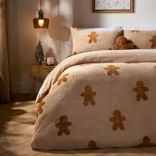 OHS Christmas Bedding Double, Tufted Gingerbread Man Teddy Fleece Duvet Set Super Soft Warm Cosy Thermal Winter Christmas Duvet Set Double Comfy Fleece Bedding with Pillowcases, Natural