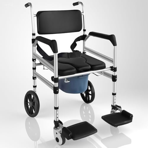 Shower Wheelchair with Wheels, 4-in-1 Heavy Duty Rolling Shower Chair with 10 Solid Wheels & Safety Straps, Bedside Commode Chair with Bucket for Seniors and Disabled, 350lbs Capacity